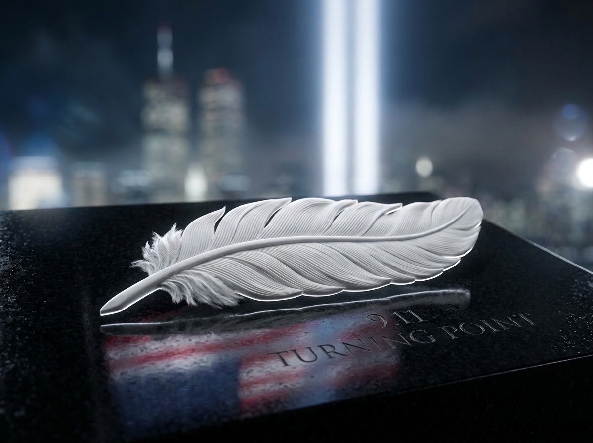 A white feather resting on polished black granite engraved 9.11 Turning Point, city skyline and tribute beam beyond
