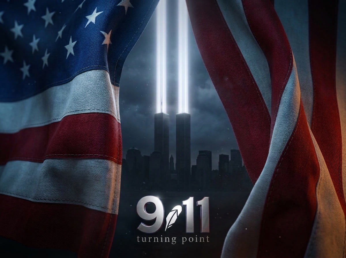American flag framing twin tower silhouettes with two beams of light and the 9.11 Turning Point emblem