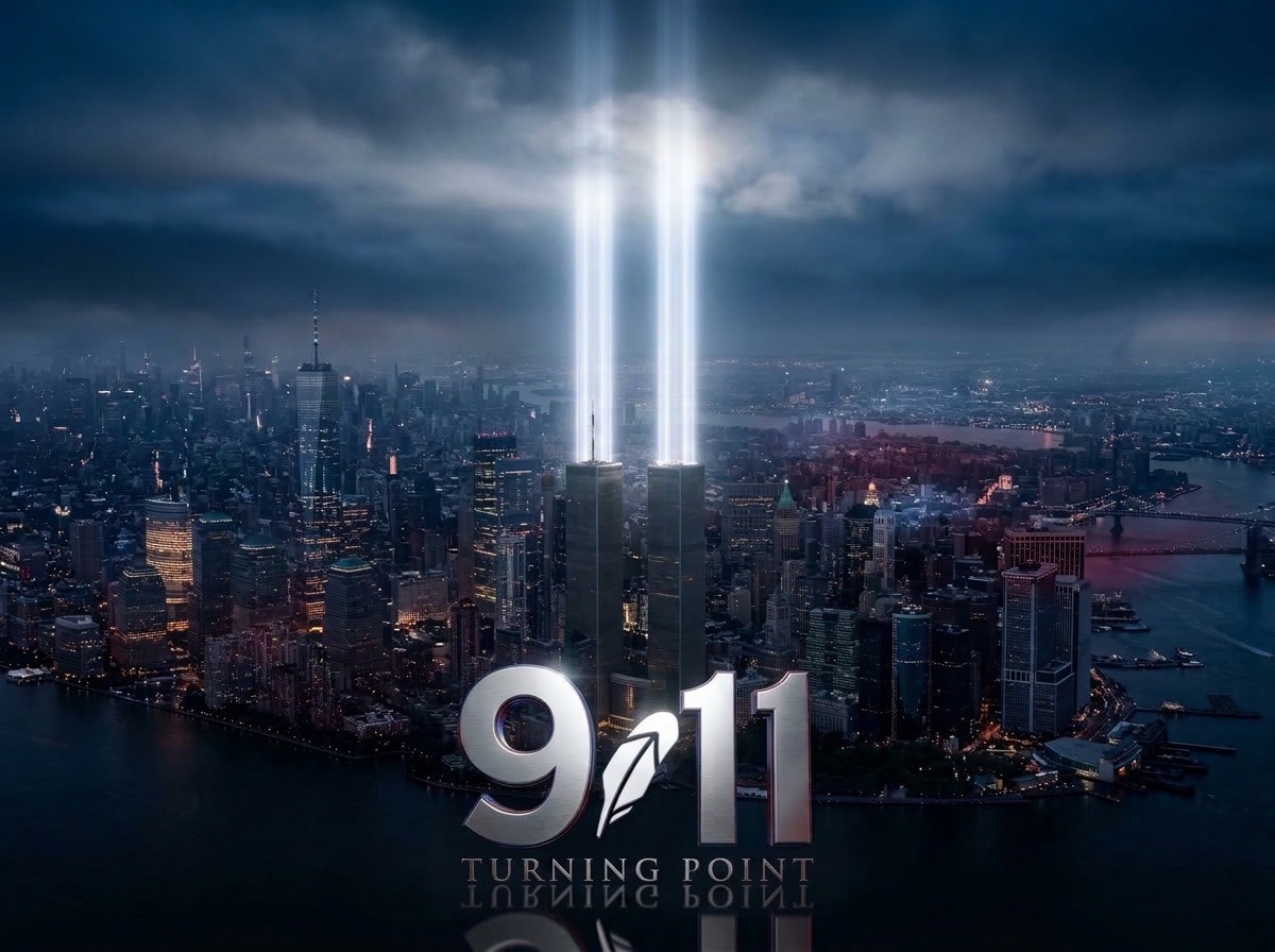 Manhattan skyline at night with twin tribute beams rising and the 9.11 Turning Point emblem
