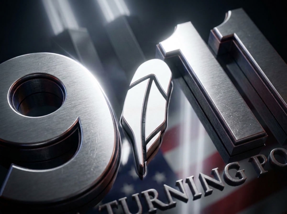 Close-up of the brushed metal 9.11 lettering with a feather emblem and Turning Point engraving